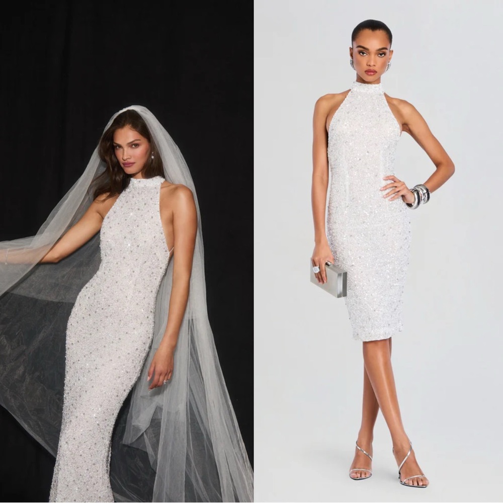 NWT Retrofete Olivia Midi Sequin Dress White Micro Beaded